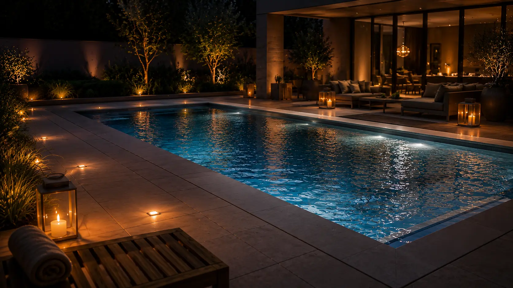 Piscina de fibra de vidrio premium iluminada de noche, instalada por Los Aromos
